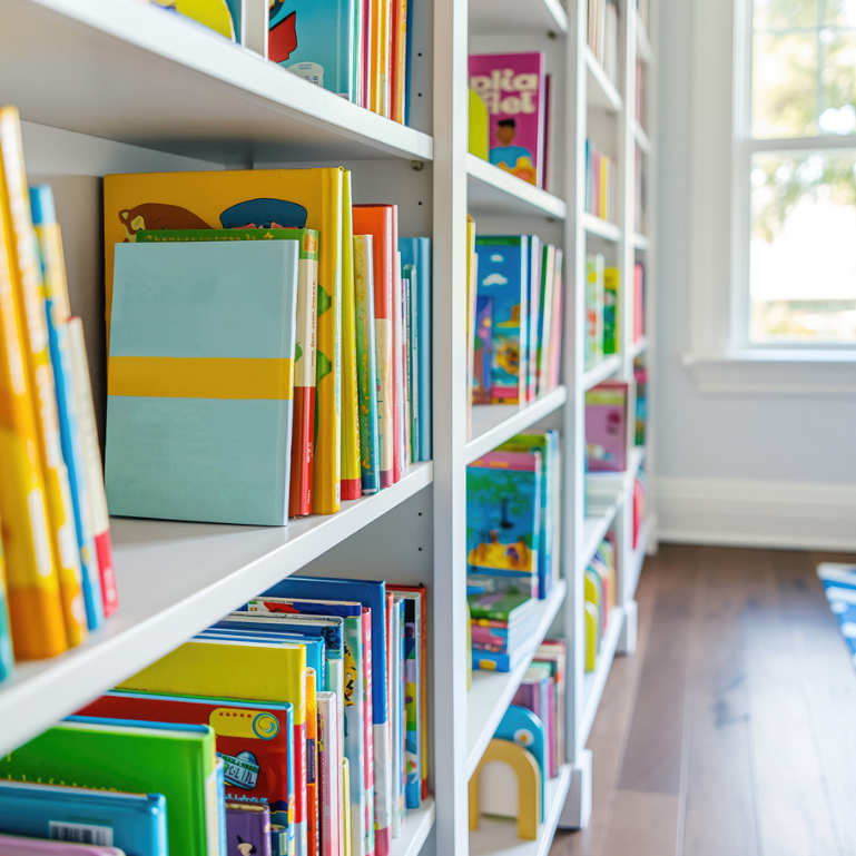 A bookshelf filled with colorful books