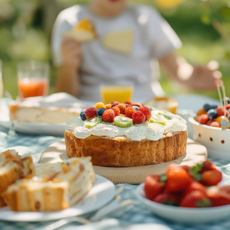 A cake with frosting and fruit on top, surrounded by other desserts and a blurred background of a picnic setting