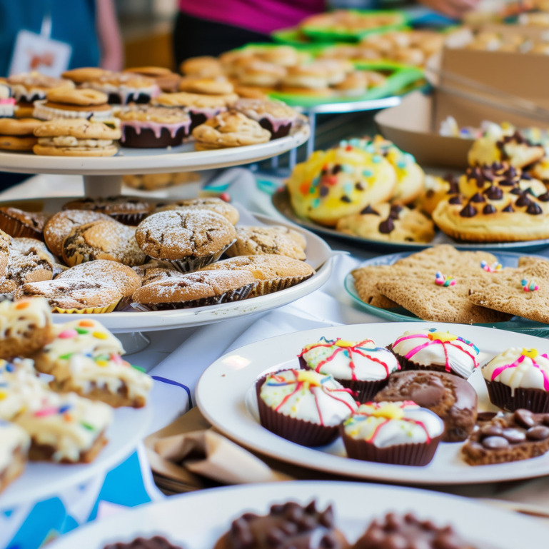 A table filled with various baked goods, including cookies and cupcakes