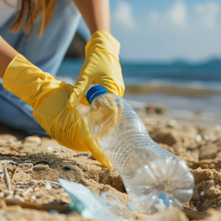 A person wearing yellow gloves picking up a plastic bottle from a sandy beach