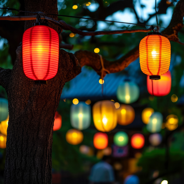 A row of colorful lanterns hanging in front of a building